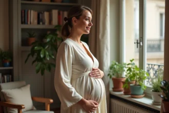 Femme enceinte élégante en robe crème dans un appartement parisien, posant avec sérénité pour un portrait éditorial