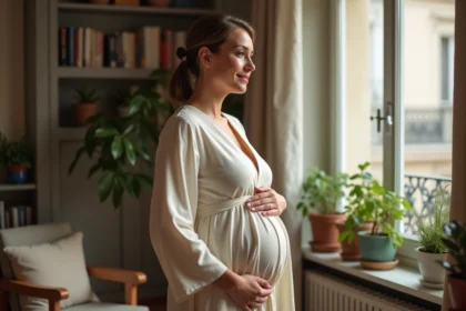 Femme enceinte élégante en robe crème dans un appartement parisien, posant avec sérénité pour un portrait éditorial
