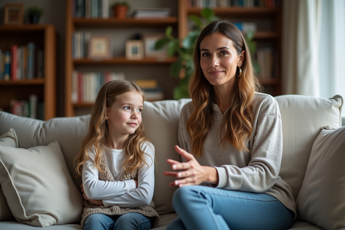 Femme et fille discutent dans un salon chaleureux