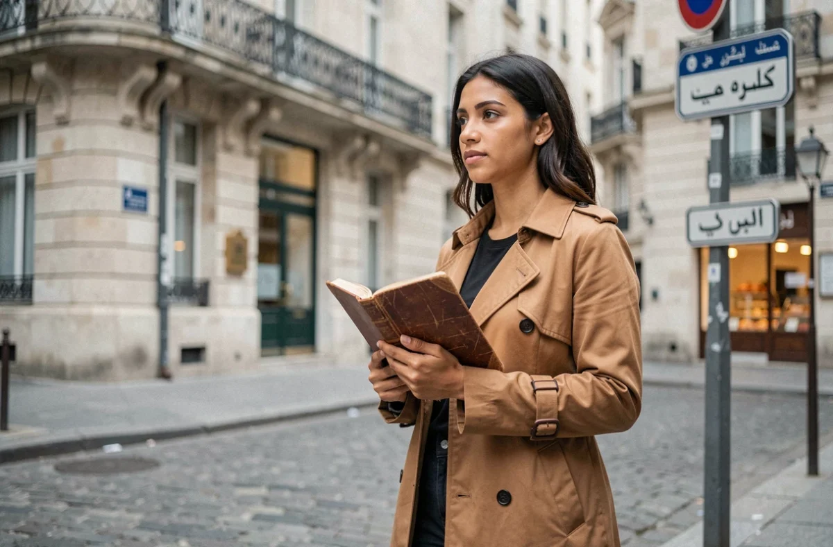 Femme franco-algérienne dans une rue pavée française tenant un carnet, illustrant le parcours identitaire entre France et Algérie