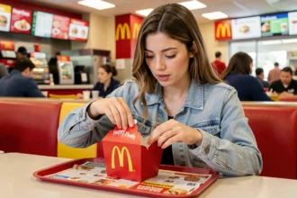 Jeune femme ouvrant un Happy Meal McDonald's dans un restaurant, illustrant le prix du menu enfant en 2026