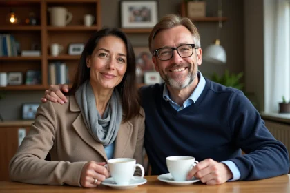 Femme et homme partageant un thé dans un salon chaleureux