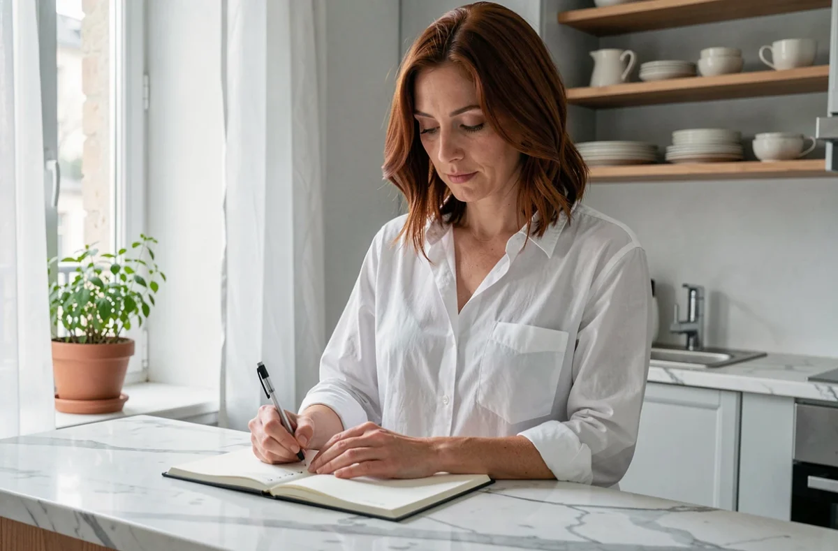 Femme indépendante écrivant dans un journal dans sa cuisine, symbolisant la connaissance de soi dans la recherche de l'amour véritable