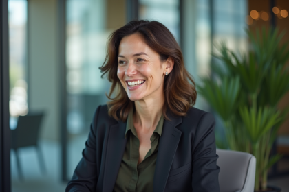Femme d'âge moyen souriante en entretien dans un bureau moderne