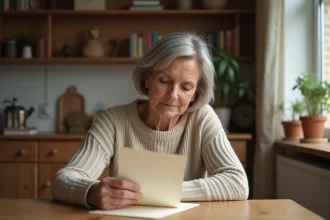 Femme lisant une lettre dans une cuisine chaleureuse