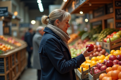 Femme française choisissant des fruits frais au marché