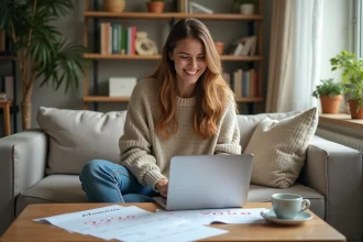 Jeune femme souriante avec calendrier dans un salon lumineux