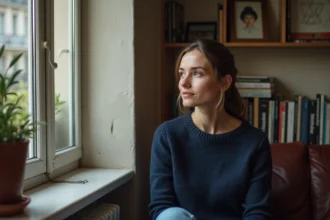 Femme assise près d'une fenêtre dans un appartement parisien