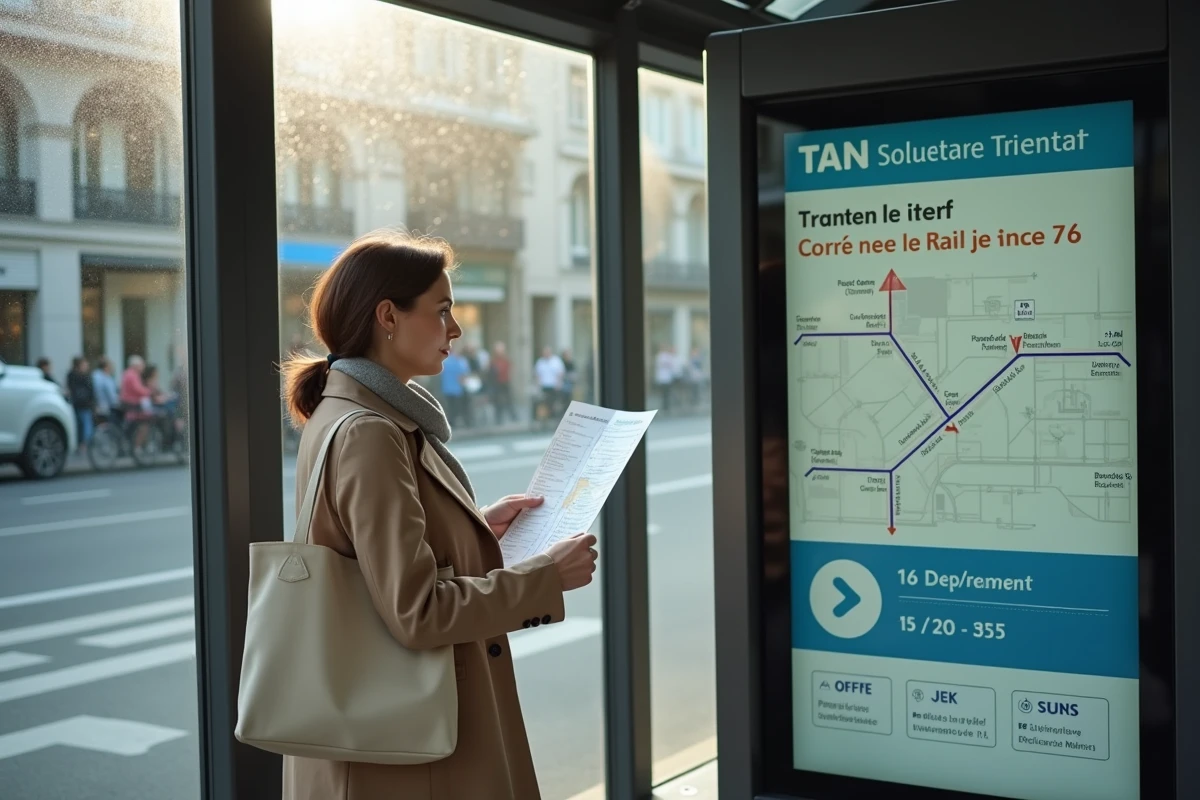 Femme consultant un plan de lignes TAN dans un arrêt de bus à Nantes