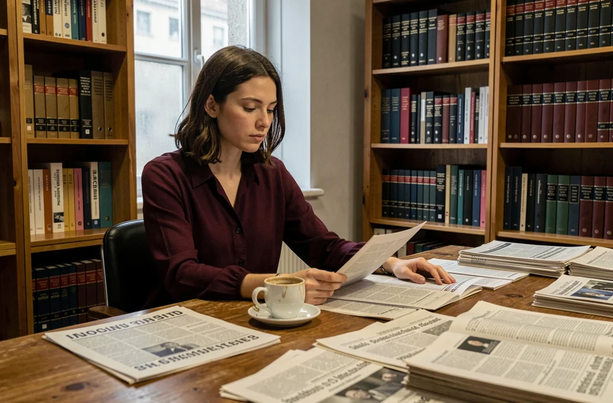 Femme politique française concentrée à son bureau entouré de documents, évoquant la pression et la réflexion liées à un lourd héritage de nom politique