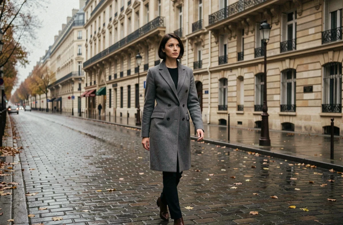 Femme politique marchant seule dans une rue parisienne en automne, illustrant le poids d'un héritage politique familial et la quête d'une identité propre