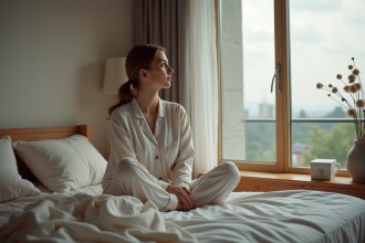 Jeune femme en pyjama regardant par la fenetre