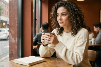 Femme trentenaire pensive dans un café, réfléchissant à ce que signifie l'amour dans une relation sérieuse