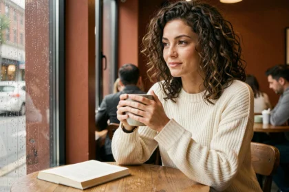 Femme trentenaire pensive dans un café, réfléchissant à ce que signifie l'amour dans une relation sérieuse