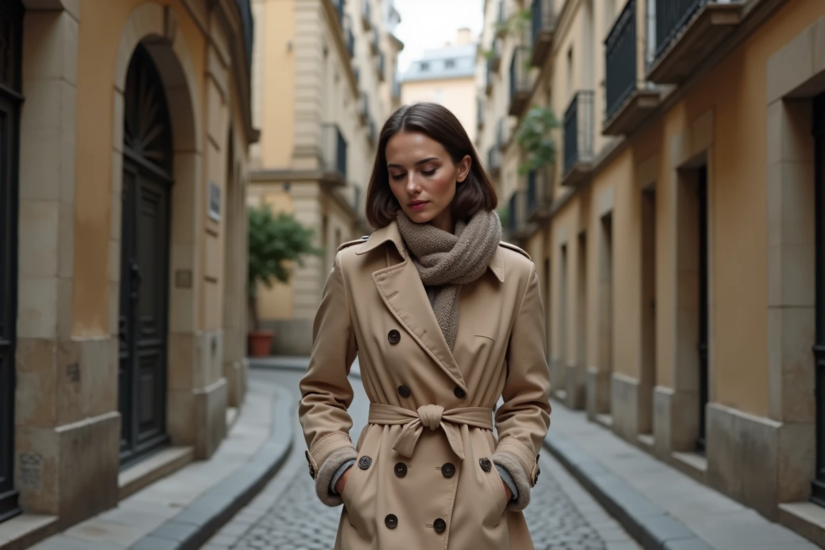 Femme élégante marchant dans une rue pavée historique