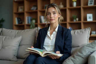 Femme en blazer navy dans un salon calme et élégant
