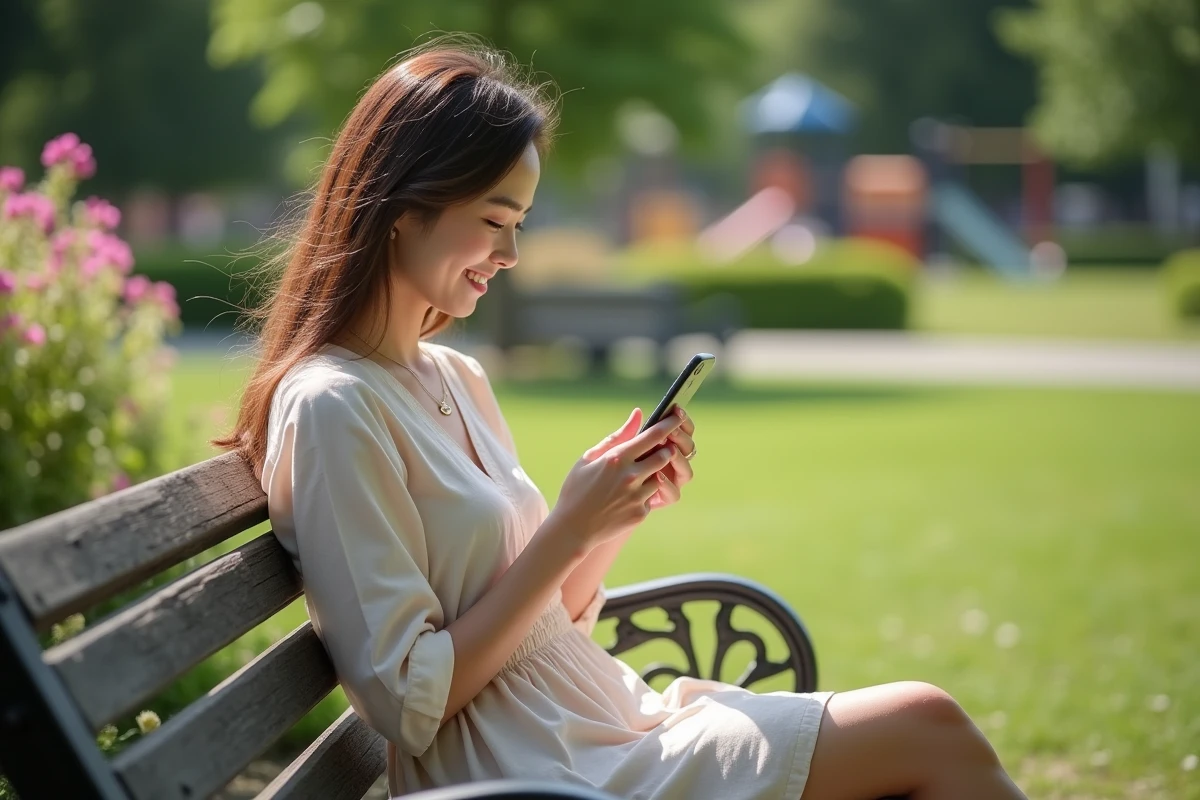 Jeune femme assise sur un banc de parc regardant son téléphone