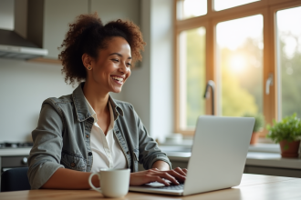 Femme souriante travaillant à distance dans une cuisine lumineuse