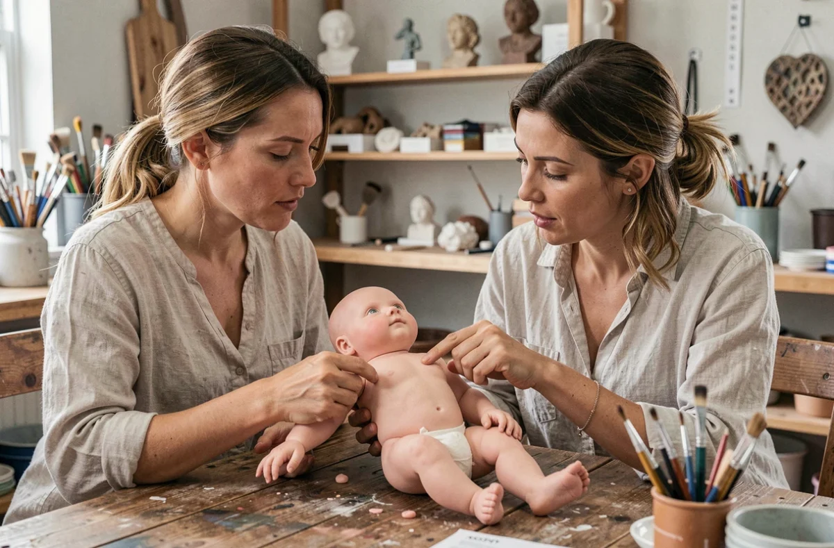 Deux femmes adultes examinant ensemble un bébé reborn avec attention dans un atelier artisanal, entourées d'outils de sculpture et de matériaux d'art