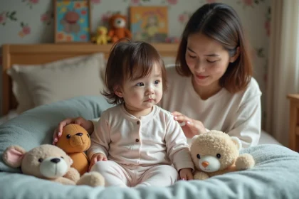 Petite fille de deux ans endormie dans son lit avec sa mère