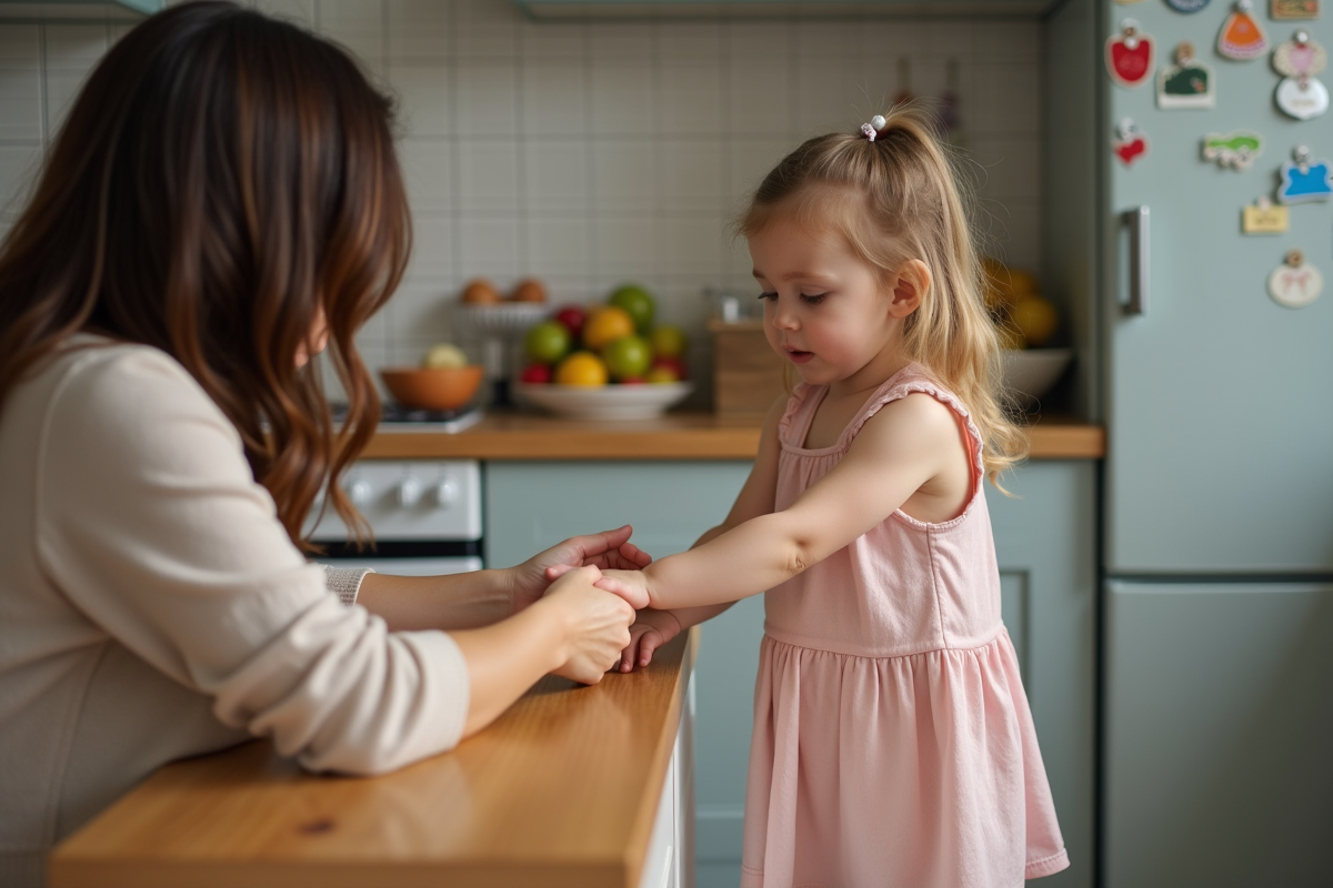 Fille de 2 ans touchant la main de sa mère à la cuisine