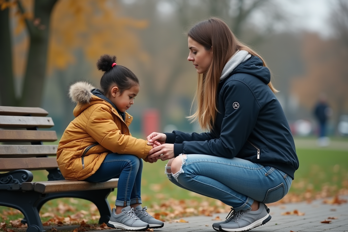 Fille triste avec sa mère dans un parc public