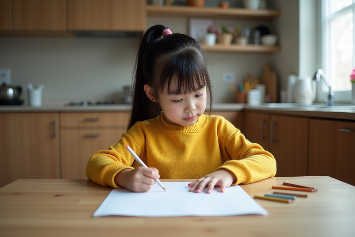 Jeune fille pensant à une feuille blanche à la maison