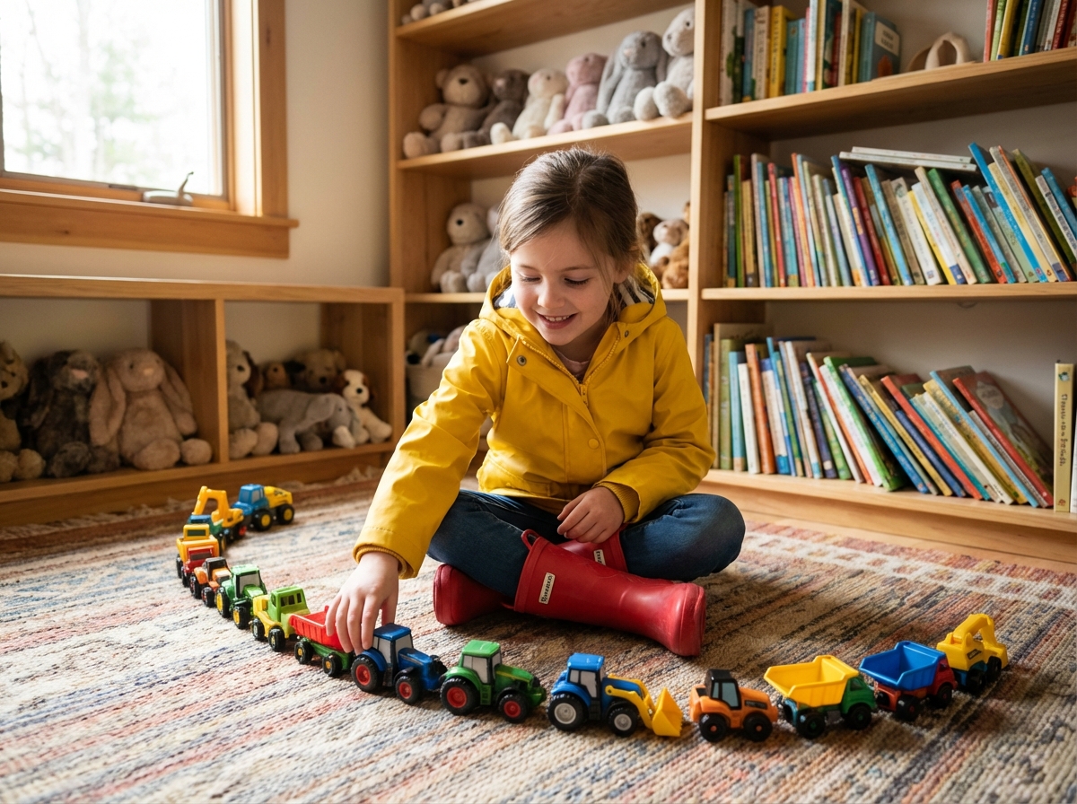 Fille en imper jaune organise des jouets dans la salle de jeu