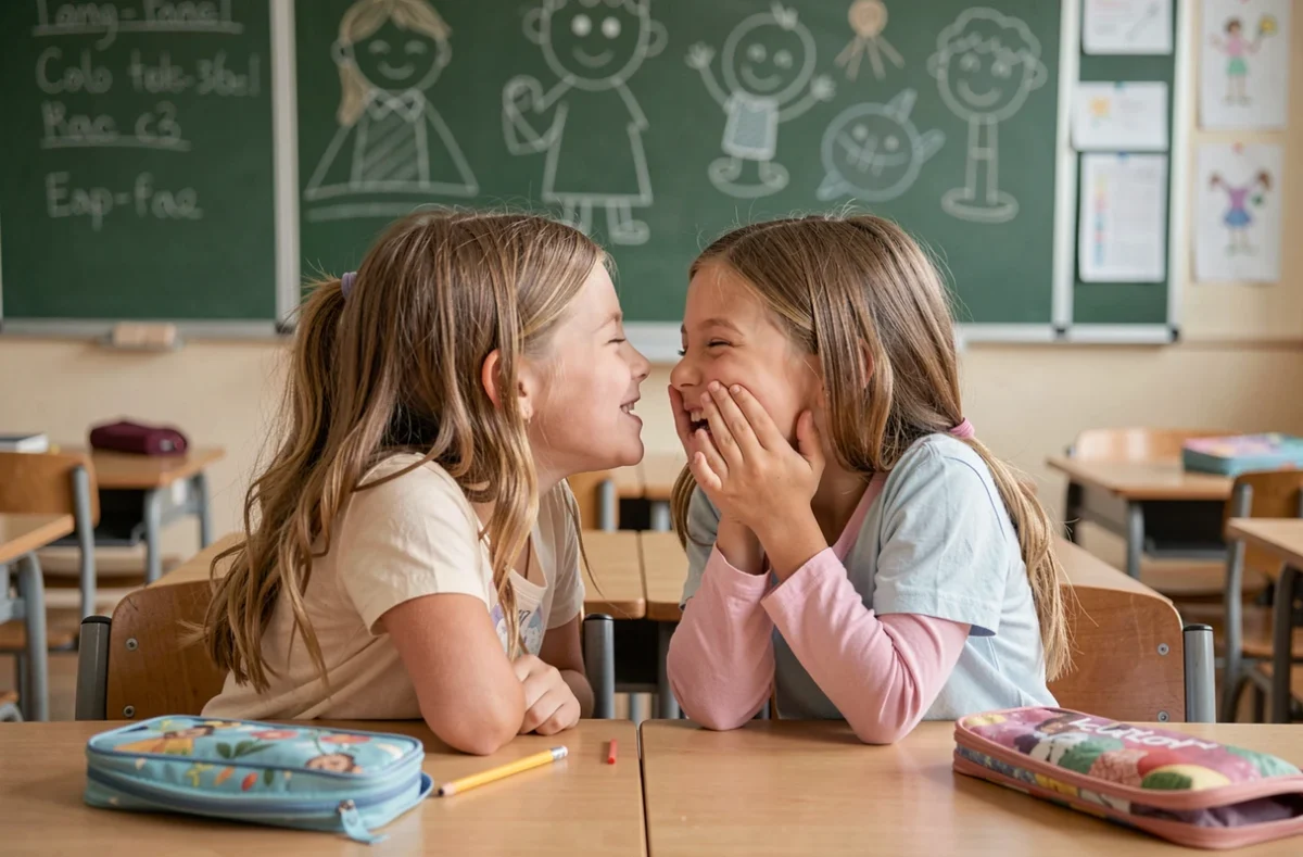 Deux filles de 8 ans qui partagent une blague rigolote à l'oreille dans une salle de classe