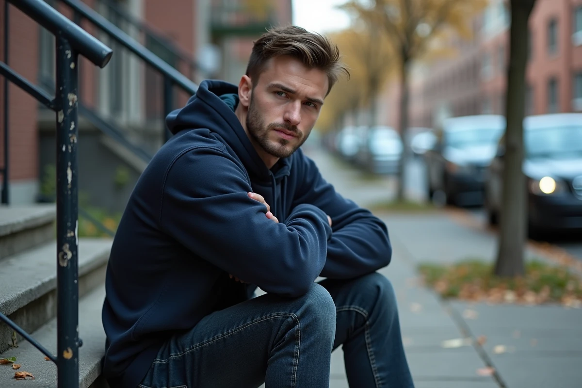 Un jeune homme adulte assis sur les marches d'un immeuble, les bras croisés et le regard fuyant, symbolisant la rupture de contact et l'éloignement émotionnel entre un fils et sa mère