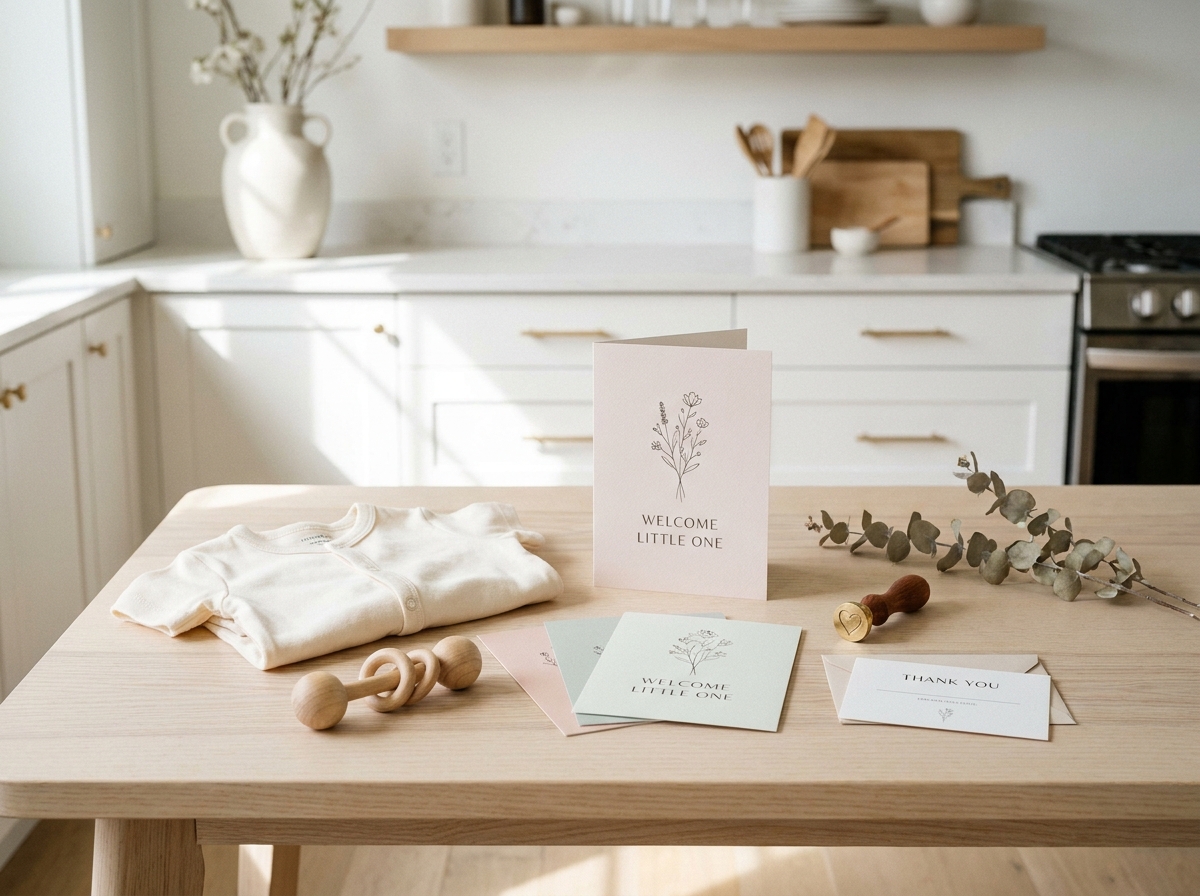 Flat-lay de faire-part de naissance, cadeau, body en coton bio, jouet en bois et carte de remerciement sur table en bois clair