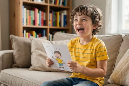 Garçon de 8 ans qui rit en tenant une carte de blague dessinée à la main dans un salon chaleureux