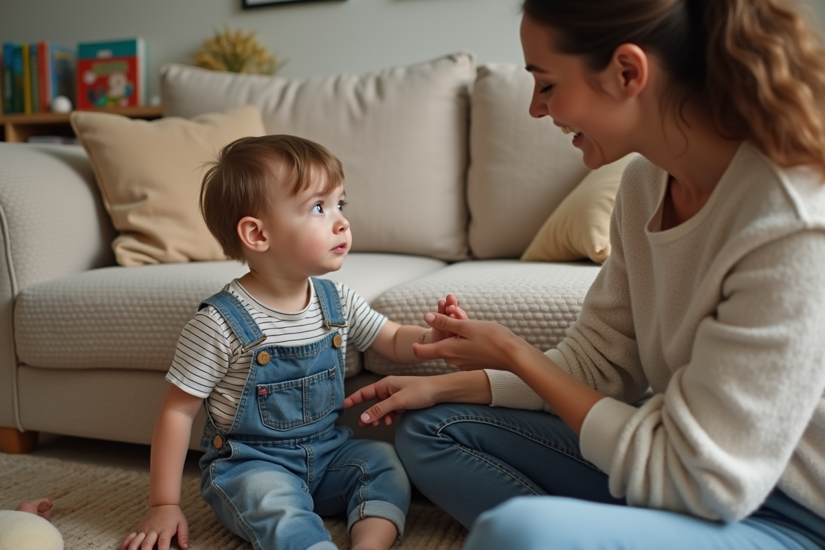 Garçon de 2 ans tendant la main à sa mère dans le salon