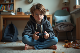 Adolescent concentré jouant à un jeu vidéo dans sa chambre désordonnée