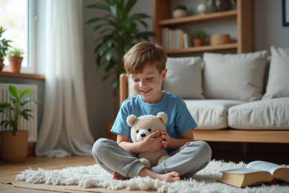 Garçon de 6 ans écoute une histoire dans un salon cosy