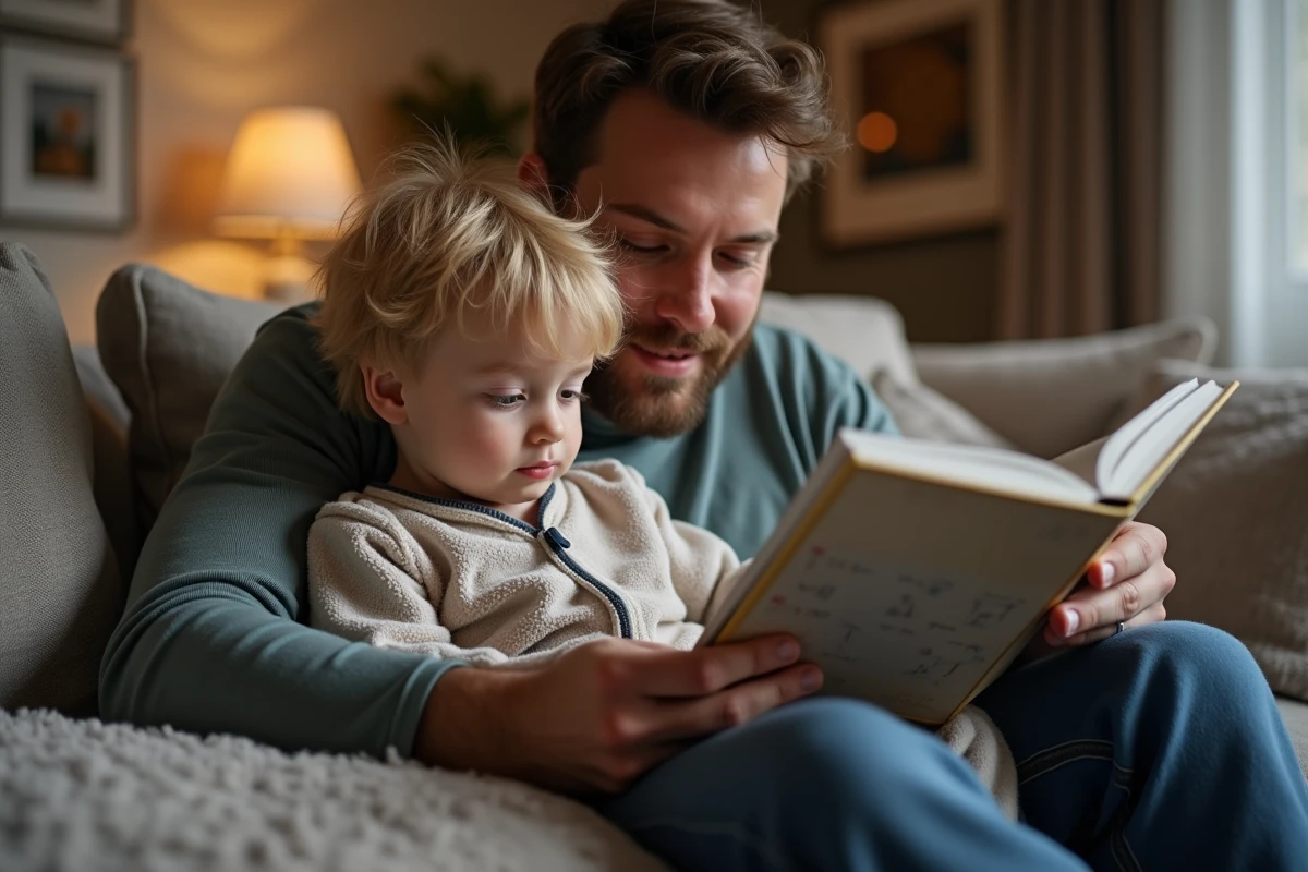 Garçon de deux ans écoutant son père lire un livre