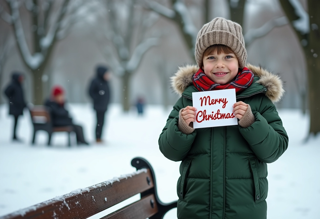 Garçon avec carte de Noël dans un parc enneige en hiver