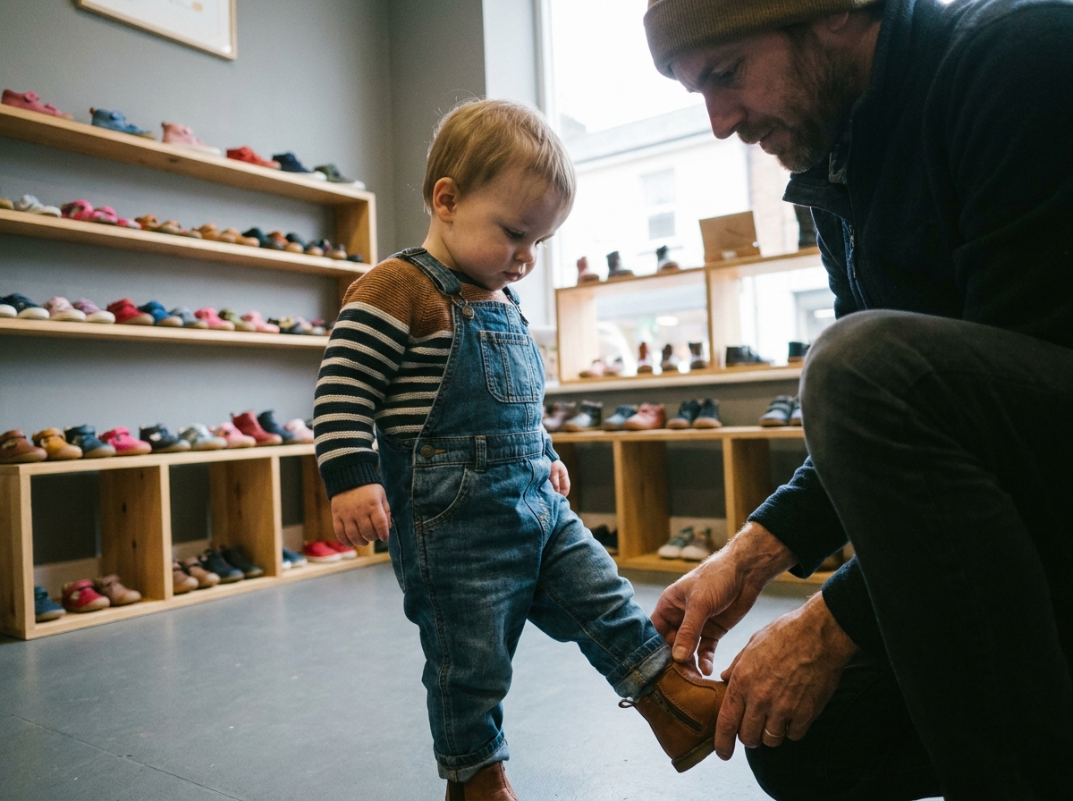 Garçon de 14 mois essayant ses premières chaussures avec son père