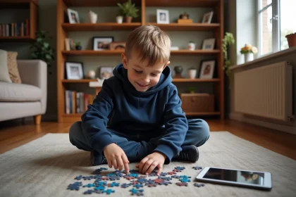 Garçon de 9 ans en hoodie navy assemble un puzzle