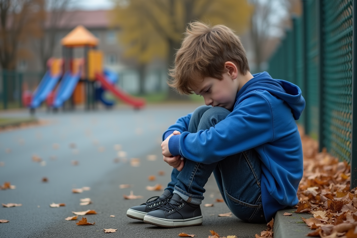 Garçon triste assis seul dans la cour d'école en automne