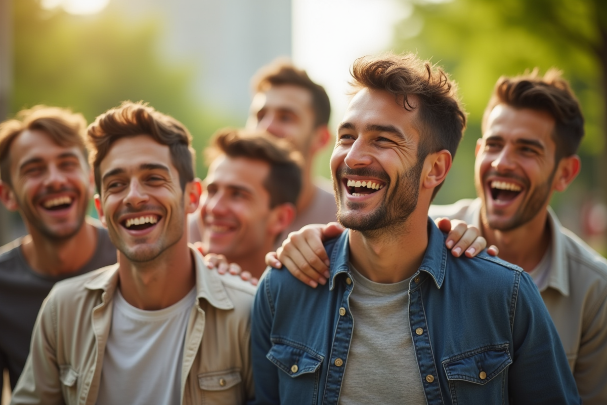 Groupe de jeunes garçons riant dans un parc ensoleille