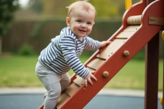 Bébé explorant un parcours de motricité avec tunnels et tapis