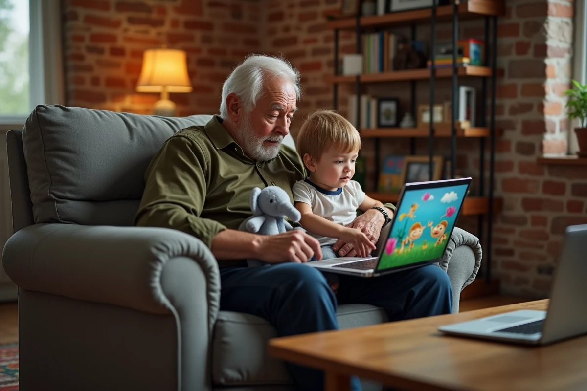 Grand-père et petit-enfant regardant un dessin animé Disney ensemble sur un ordinateur portable dans un salon familial