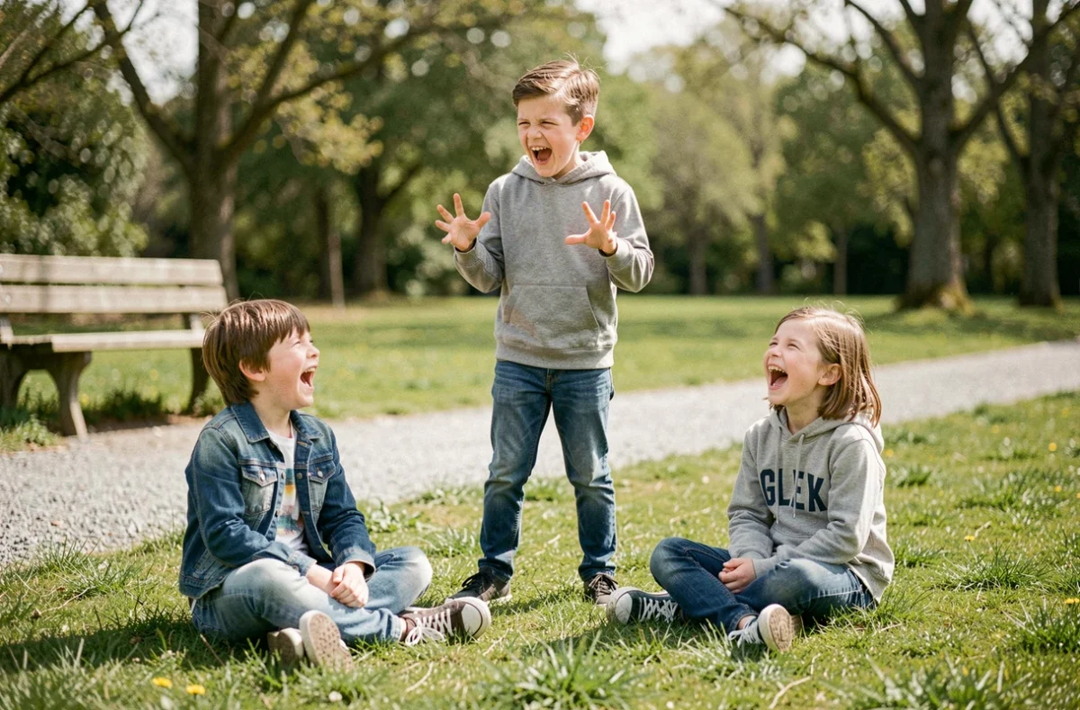 Groupe d'enfants de 8 ans qui éclatent de rire à une blague dans un parc en plein air
