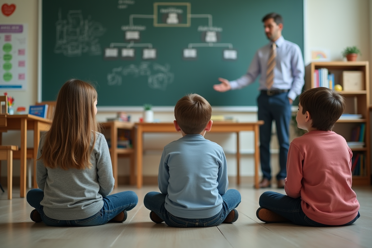 Enfants attentifs en classe écoutant leur professeur