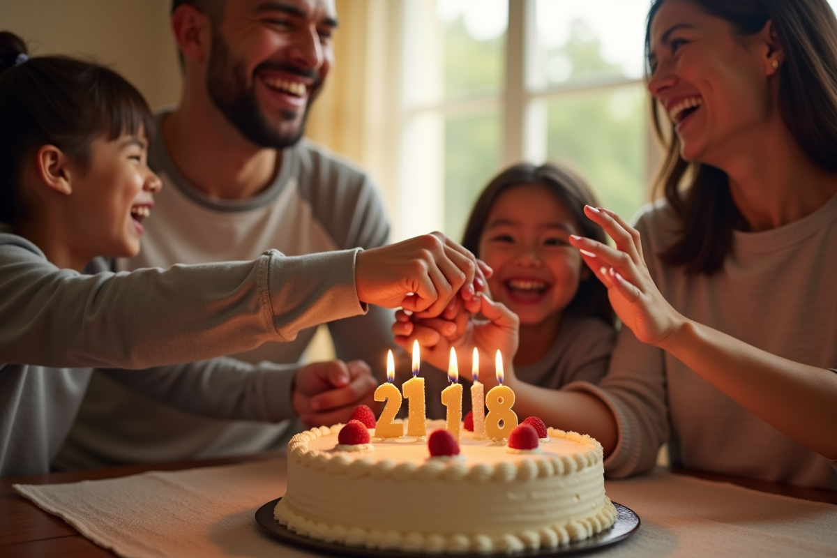 Groupe famille riant autour du gâteau d anniversaire