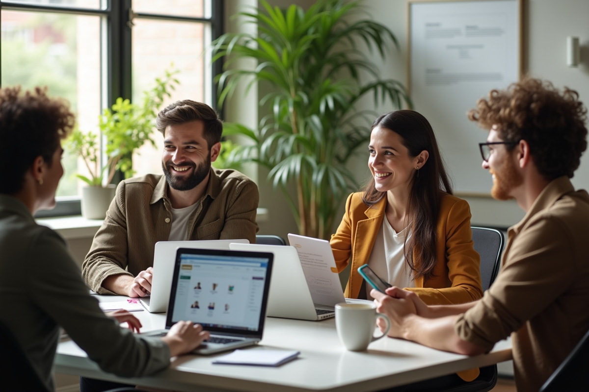 Groupe diversifié travaillant en home office avec ordinateurs
