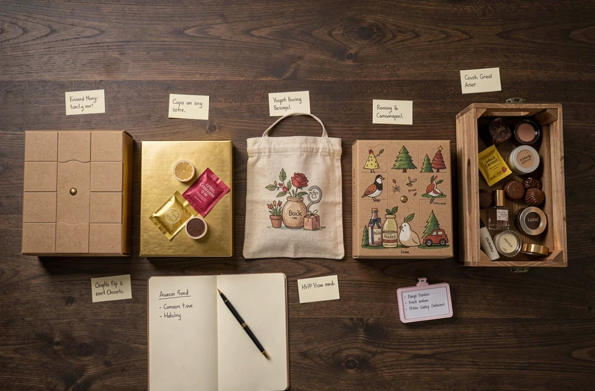 Vue de dessus de cinq calendriers de l'Avent différents ouverts avec leurs contenus visibles sur une table en chêne sombre