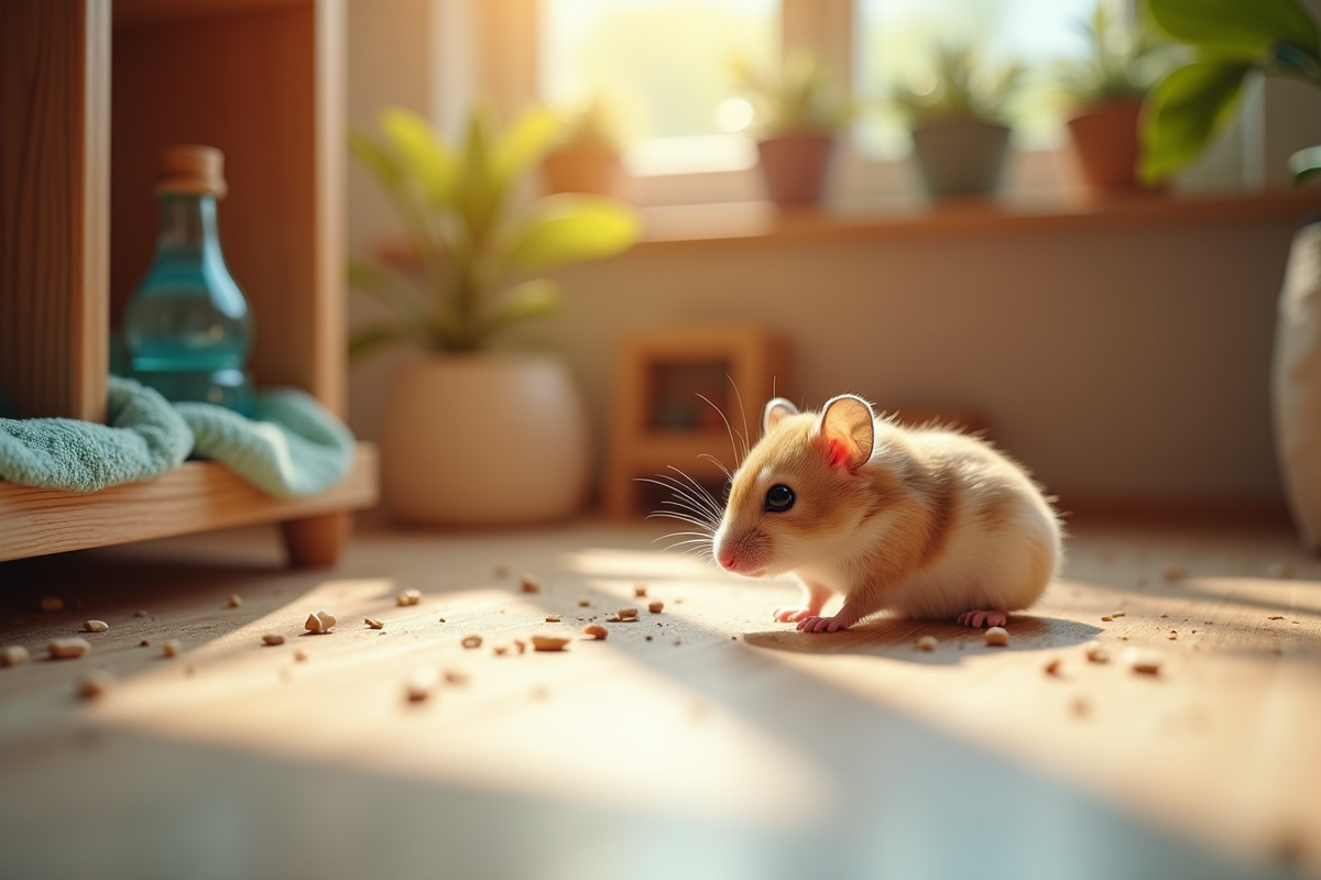 Hamster nain russe explorant un habitat spacieux et naturel