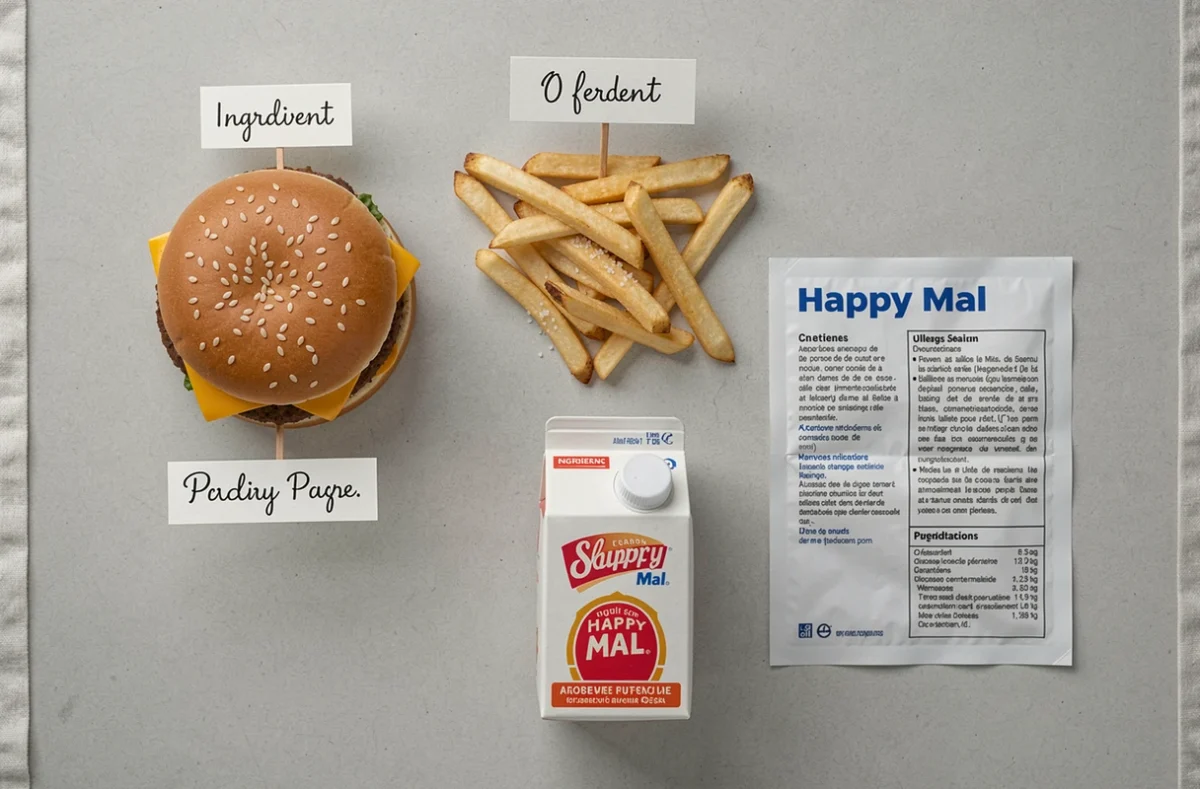 Vue à plat des composants d'un Happy Meal avec étiquettes d'ingrédients et fiche allergènes en français